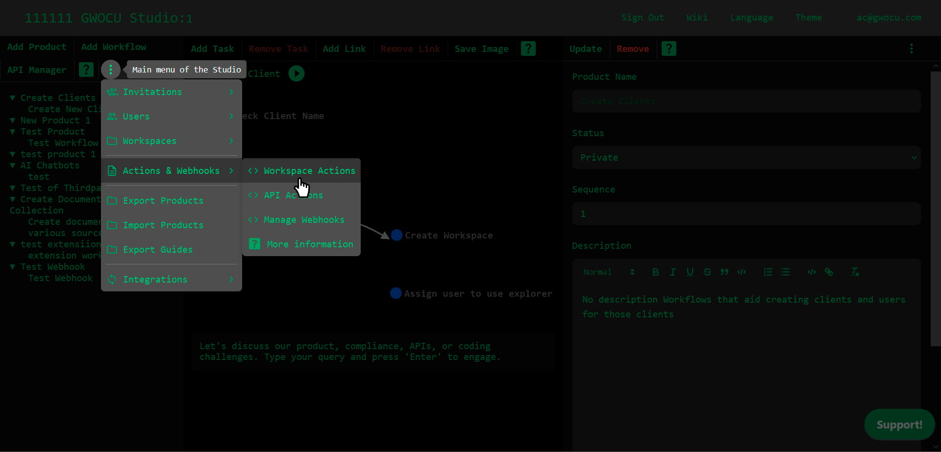 Workspace actions menu item
